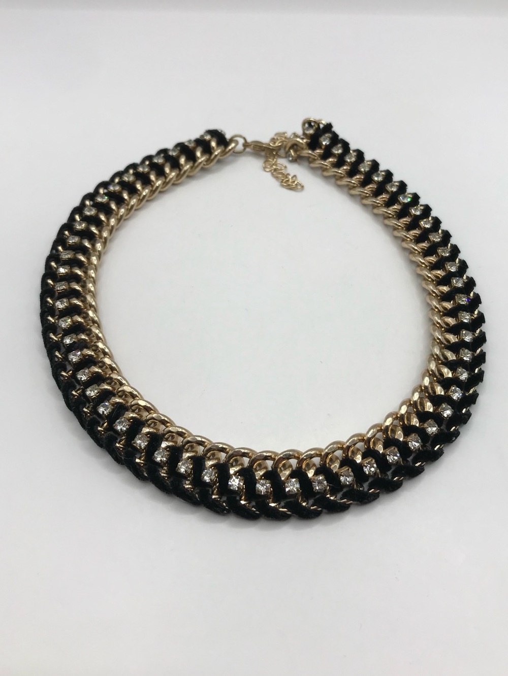 Gold-Tone, Black Suede & Rhinestone Collar Necklace - Picture 4 of 8